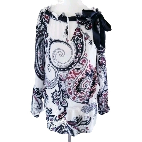 WHITE HOUSE BLACK MARKET TIE SHOULDER 100% SILK BLOUSE SZ S - Picture 2 of 9